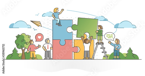 Teamwork partnership help with collaboration and assistance outline concept