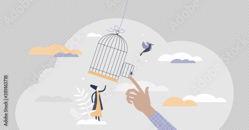 Freedom gaining by release from capture and fly away tiny persons concept