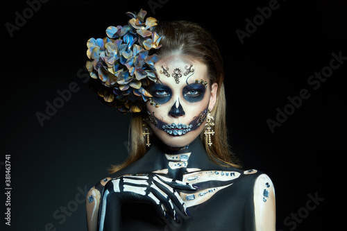 Halloween beauty skeleton woman makeup face. Girl death Halloween costume. Day of The Dead. Charming and dangerous Calavera Catrina