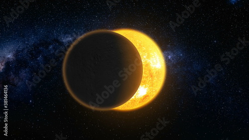 Total solar eclipse 3d: lunar silhouette art illustration. Epic scenery of cosmos in dark blue background. Majestic night space scape with moon satellite cover visible of sun star at dramatic tones