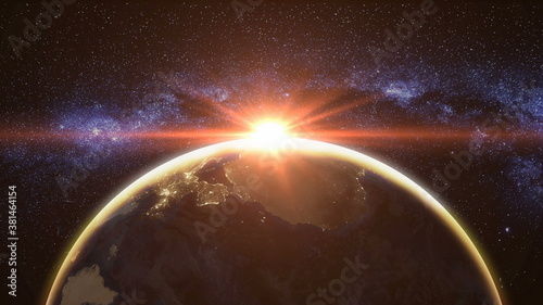 Space sunset Earth scape: sun set with its rays behind model of planet in 3D illustrations. Cosmos and Starry Milky Way graphic background. Beauty and realism of art objects in dramatic tones