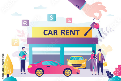 Love couple search auto for rent, salesman and car rental service. Big hand gives keys. Garage with modern vehicles.