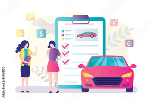 Woman traveler rent car, female salesman and car rental or sharing agreement. Transport business, auto dealer or carsharing