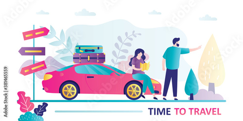 Couple of travelers  route planning  modern car with luggage. Navigation in trip  road signs. Vacation  travel time banner.
