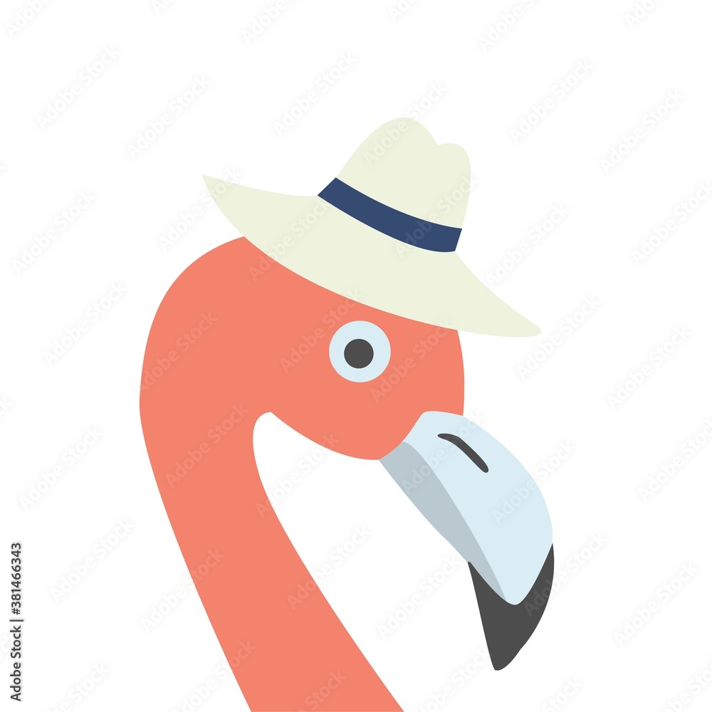 Pink Flamingo Head wearing Hat. Retro Style, blue Background. Pink Flamingo Head wearing Hat. Retro Style, blue Background.