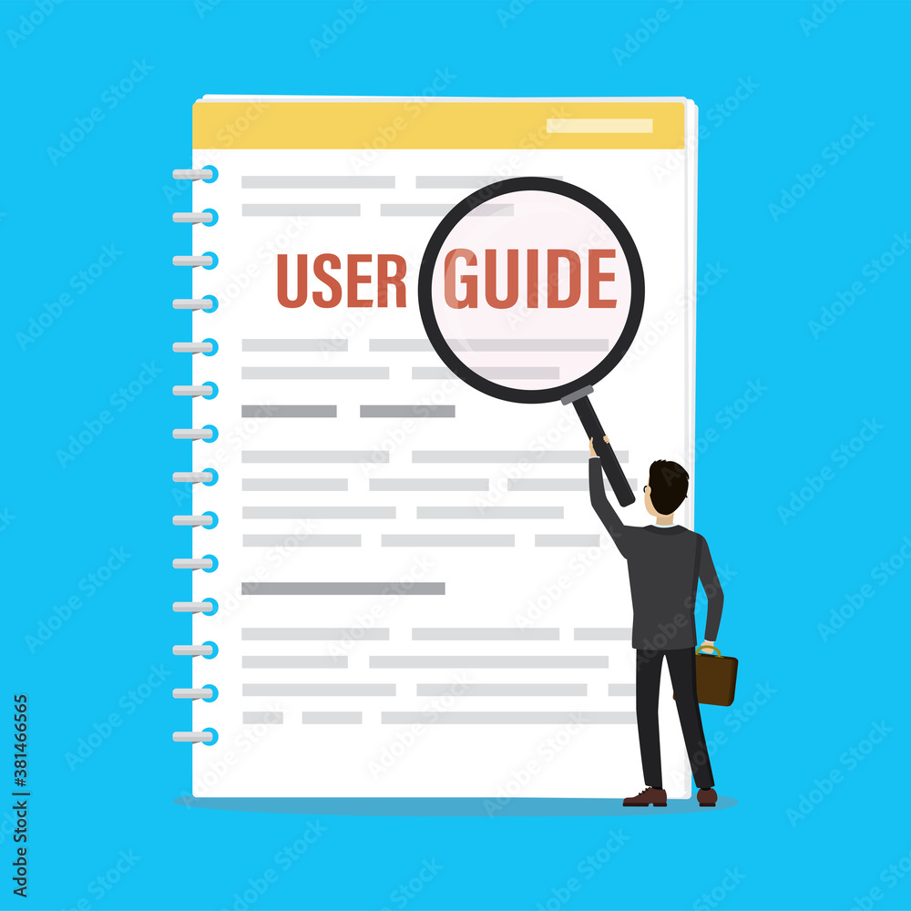 Businessman holds magnifying glass. Male character reads and studies user guide or FAQ. User manual or tutorial concept Businessman holds magnifying glass. Male character reads and studies user guide or FAQ. User manual or tutorial concept