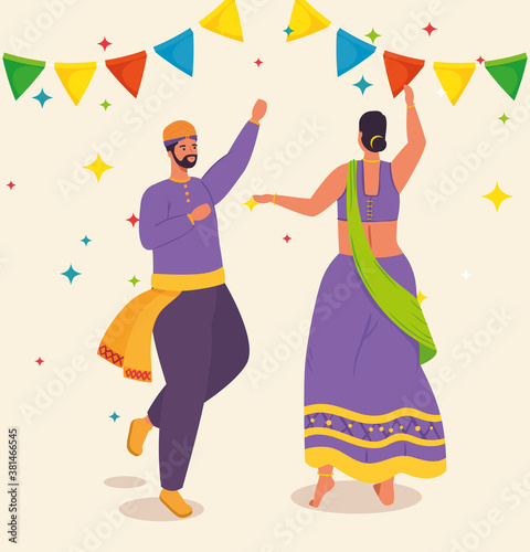 couple indian with clothes traditional dancing and garlands vector illustration design