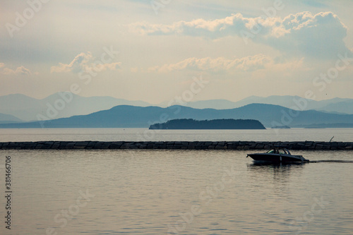 Speed boat cruising on Lake Champlain in Vermont © Heather