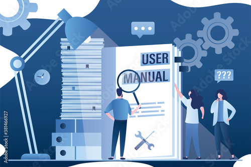 User manual concept banner. Business People reading guide instruction or textbook. Office paperwork. Technical instructions.