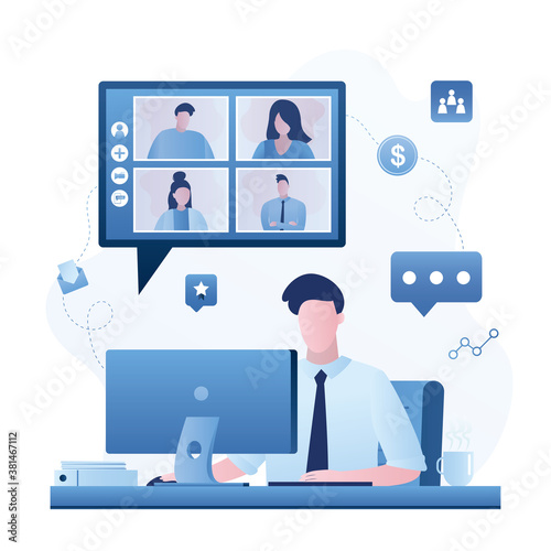 Businessman at workplace. Video conference. Online meeting work from home or office. Male employee talking with colleagues in network,