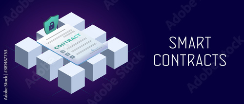 Smart contract horizontal vector concept. Cryptocurrency blockchain business technology for fast and decentralized contracting and agreement conclusion. Header and footer banner template with text