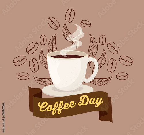 international coffee day poster  1 october  with ceramic cup vector illustration design