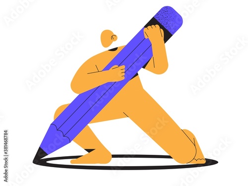 Abstract yellow character hold big pencil in hands. Trendy minimalistic person for ui, web design. Designer, architect, technical project drawing concept. Web design studio or architect bureau.