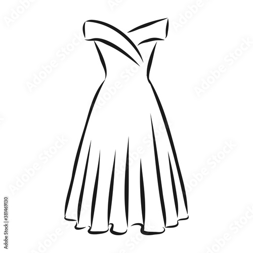 women's dresses. Hand drawn vector illustration. Black outline drawing isolated on white background women's dress, vector sketch illustration