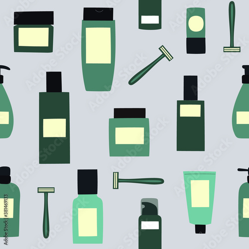 Background with empty and clean green containers: bottles, face razor, spray, cream jar and tube. Cosmetology and dermatology concept. Hand drawn Illustration.
