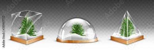 Snow globes with christmas tree on wooden base isolated on transparent background. Vector realistic mockup of crystal balls with white snow and green fir inside. Glass domes different shapes