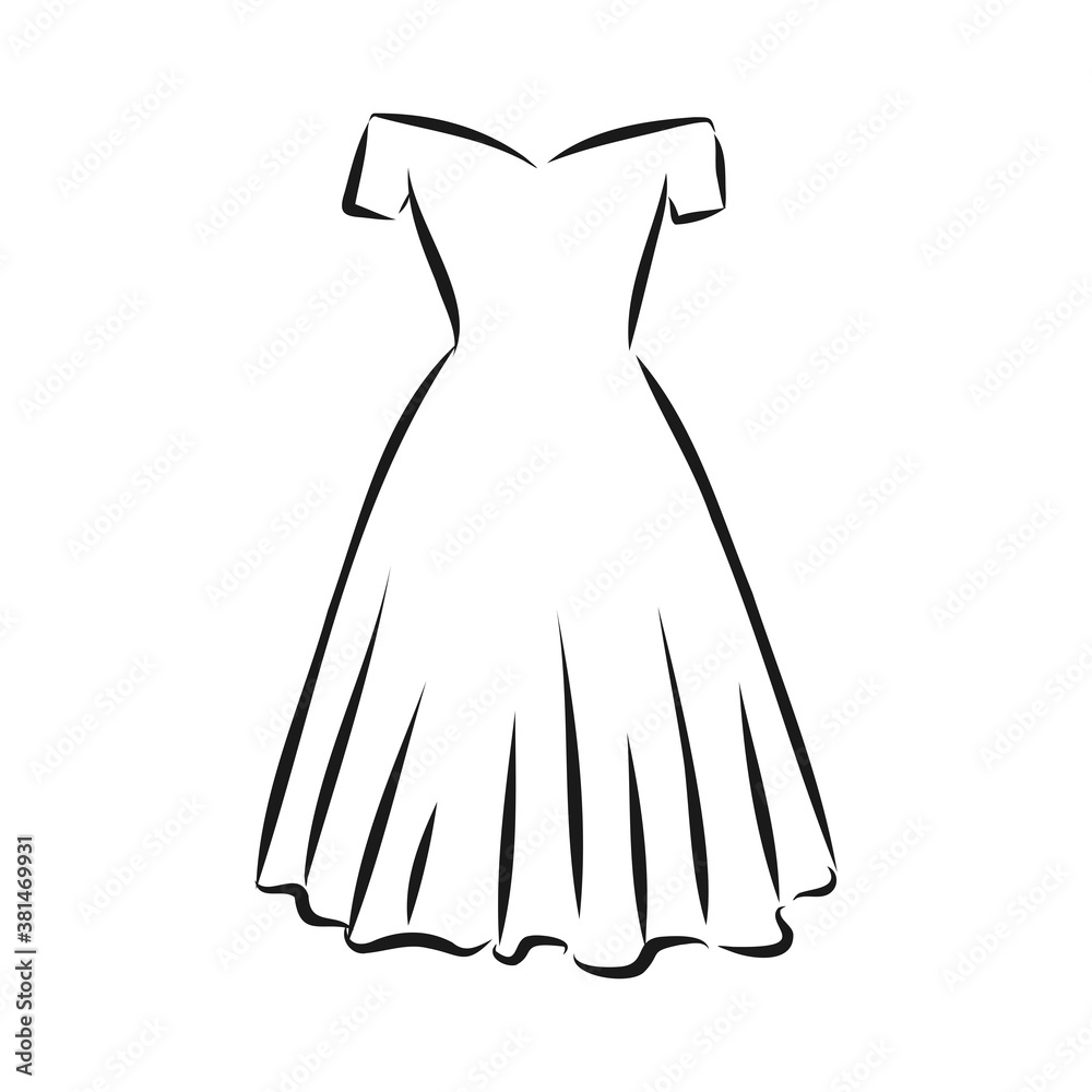 women's dresses. Hand drawn vector illustration. Black outline drawing isolated on white background women's dress, vector sketch illustration