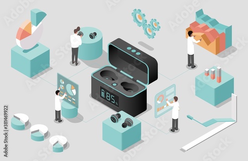 Scientists developing wireless headphones vector isometric illustration. Scientists analyzing charging case and Bluetooth earbuds, making diagrams and graphs. Headphones for listening to music.