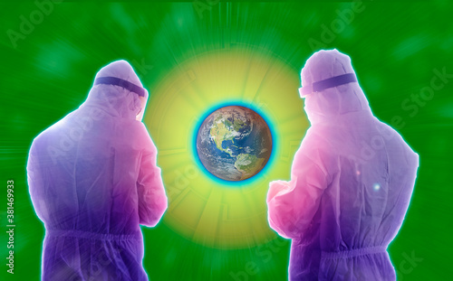 Futuristic concept of two testers dressed in PPE analyzing Earth data to change - concepts of laboratory testing for infectious disease like Corona. India. Asia. 2020.