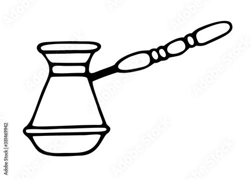 Vector hand drawn illustration of cezve, coffee maker. Outline doodle isolated on white background