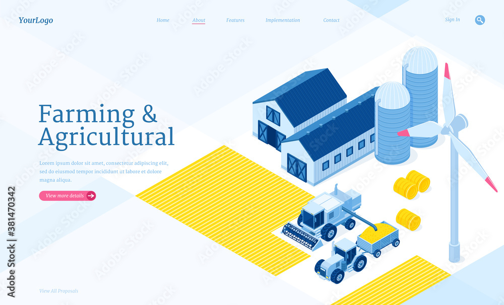 Farming and agricultural isometric landing page. Storehouse, granary, tractor and wind mill. Warehouse buildings for grain and hay harvest storage, industrial hangars and vehicles 3d vector web banner Farming and agricultural isometric landing page. Storehouse, granary, tractor and wind mill. Warehouse buildings for grain and hay harvest storage, industrial hangars and vehicles 3d vector web banner