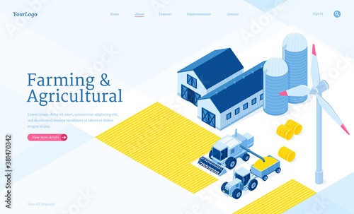 Farming and agricultural isometric landing page. Storehouse, granary, tractor and wind mill. Warehouse buildings for grain and hay harvest storage, industrial hangars and vehicles 3d vector web banner