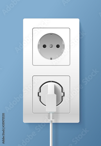 Realistic Detailed 3d Plug inserted in Electrical Outlet Set. Vector