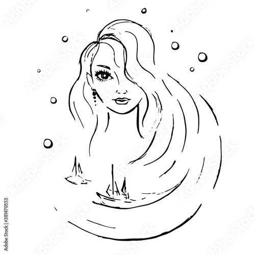 Fantasy portrait marine girl with wave long hair with ship. Ocean sea water nymph, goddess, mermaid . Woman, female symbol of element of aqua water. For tattoo, print, cosmetics, fashion. Hand drawn