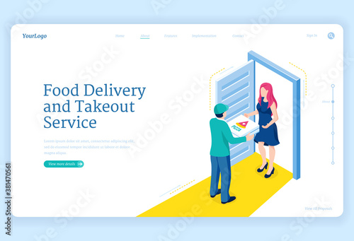 Food delivery and takeout service. Shipping order from restaurant, catering or store to house door. Vector landing page with isometric illustration of courier delivers pizza