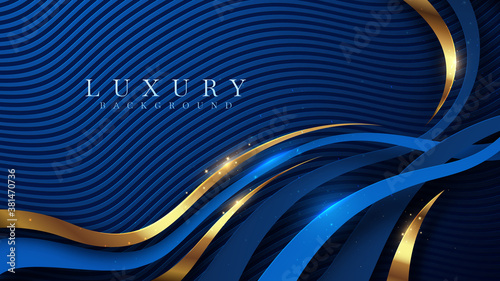 Luxury golden line background blue and sky shades in 3d abstract style. Illustration from vector about modern template deluxe design.