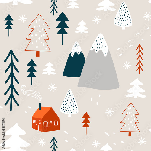 Winter pattern with christmas tree and house. Vector