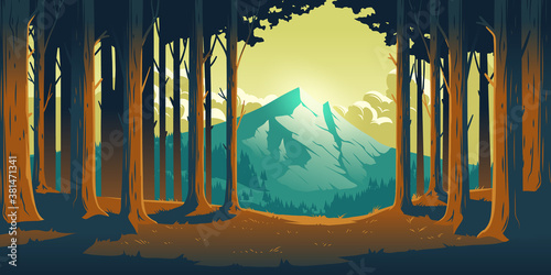 Cartoon nature landscape with mountain in forest deciduous trees trunks clearance. High rock and fluffy clouds, evening sunlight, scenery view background, summer or spring wood vector illustration