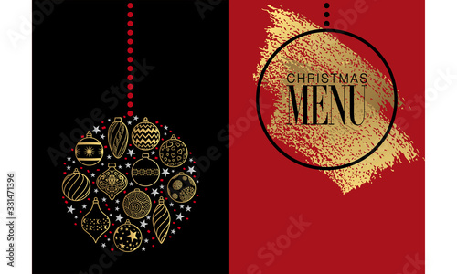illustration rouge, noire et or, pour un menu de fêtes de restaurant (couverture et dos de couverture) sur le thème des boules de Noël.