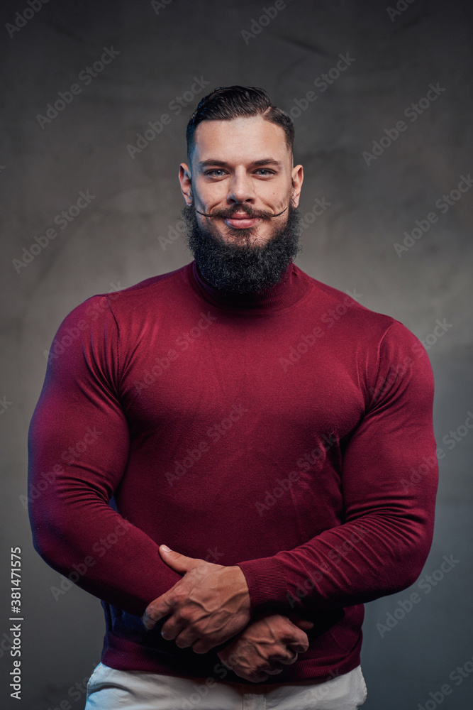 Dressed in sweater muscular and bearded gentleman with styled haircut and beard posing in gray background.