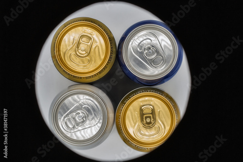 drinking cans closeup view from above