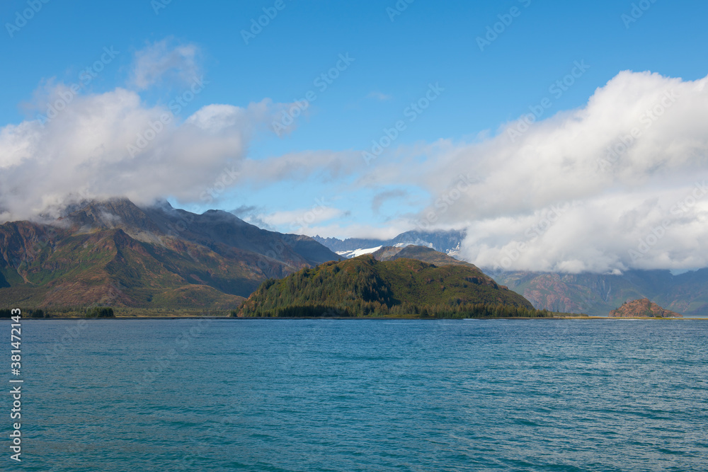 An island near Aialik Glacier on Aialik Bay in Kenai Fjords National Park in Sep. 2019 near Seward, Alaska AK, USA. An island near Aialik Glacier on Aialik Bay in Kenai Fjords National Park in Sep. 2019 near Seward, Alaska AK, USA.