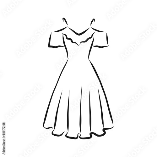 women s dresses. Hand drawn vector illustration. Black outline drawing isolated on white background women s dress  vector sketch illustration