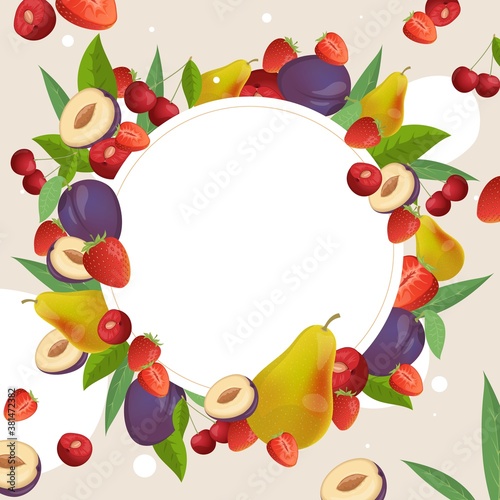 Fruits and berries round frame template. Plums  strawberries  pears  and cherries vector cartoon illustration. Healthy vegan fruits and berries round border for label or logotype design.