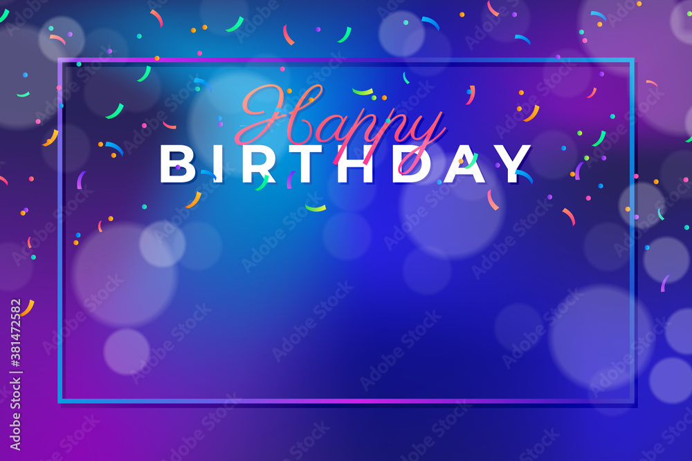 Happy birthday banner. Birthday party background design with confetti on blurry pink background