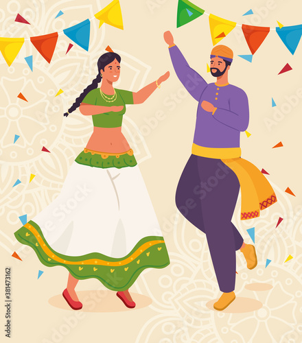 couple indian with clothes traditional dancing and garlands decoration vector illustration design