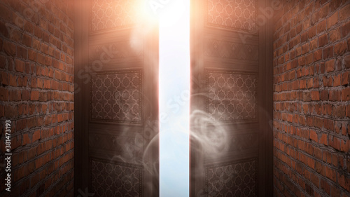 Open double doors, dark bri...