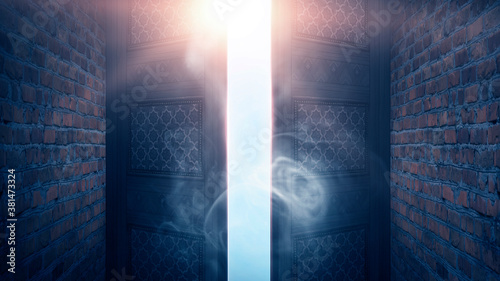 Open double doors, dark bri...