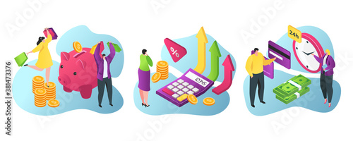 Bank services for business and finance flat vector illustration. Piggy bank savings, credits and investments, financial advisor, cashiers, atm and bank entrance. Currency exchange.