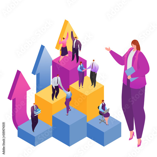 Career development or career ladder in business flat vector illustration. Businesspeople move up, growth, success and achievement. Careerism, ladder up. Progress and oportunity in work or job.