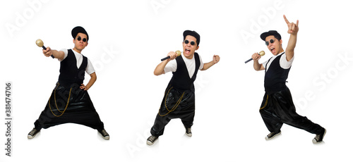 Funny young man dancing isolated on white
