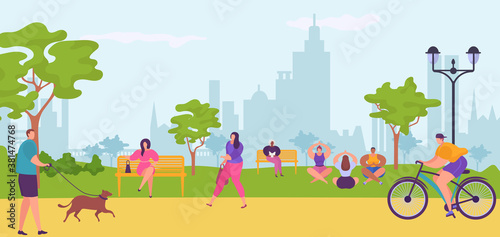People in city park, walking, bicycling, sitting on bench, doing yoga vector illustration. Urban cityscape and citizens having fun and leisure on summer day outside. Man with dog, woman with bag.