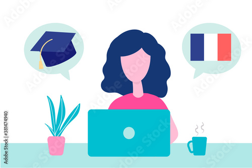 Online French Learning, distance education concept. Language training and courses. Woman student studies foreign languages on a website in a laptop. Vector in flat design.
