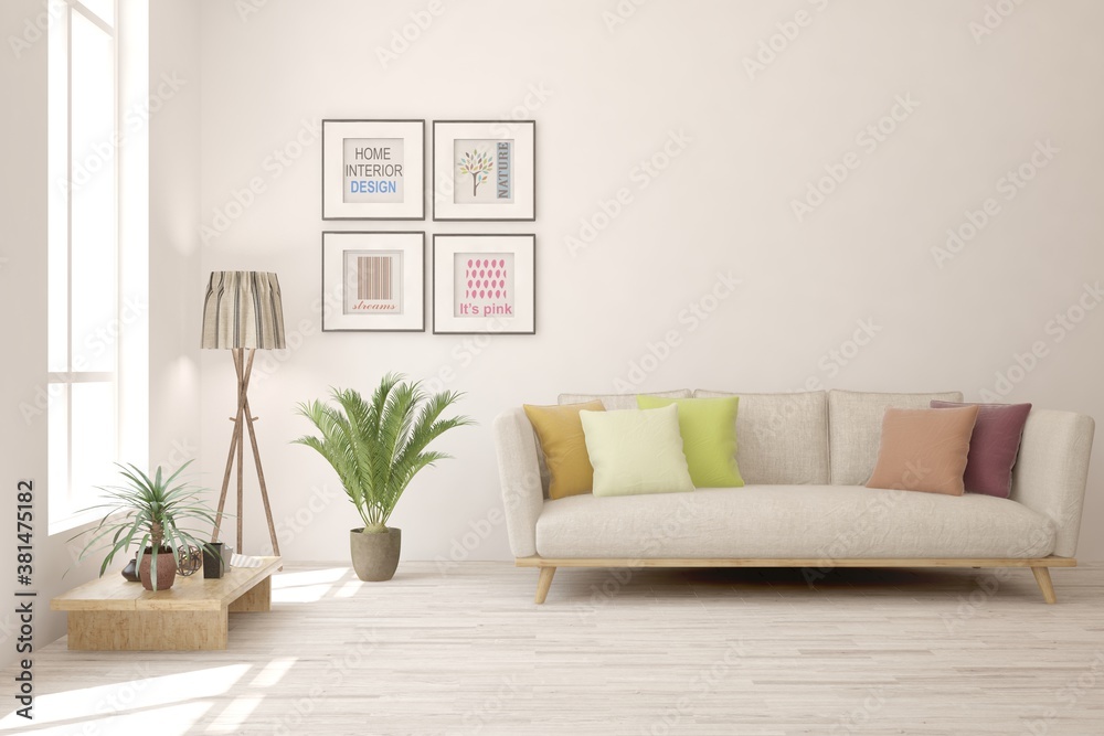 Obraz premium White minimalist living room with sofa. Scandinavian interior design. 3D illustration