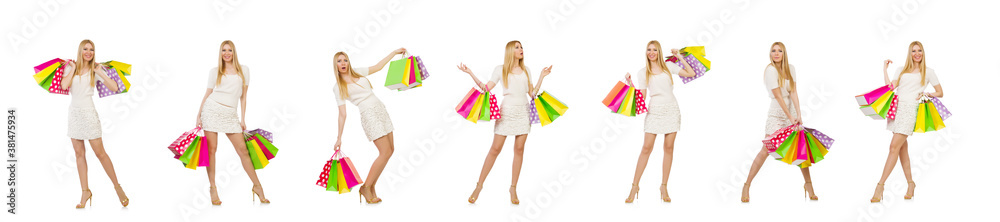 Woman with shopping bags isolated on white