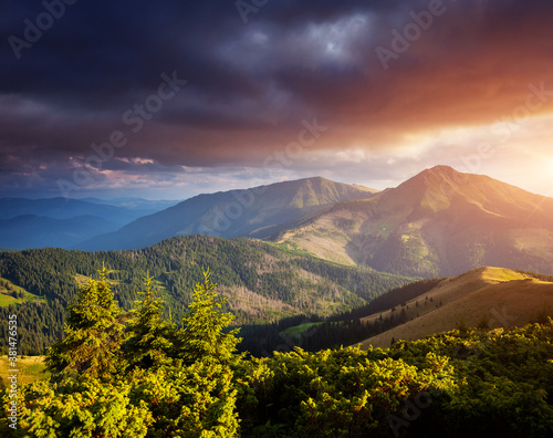 Beautiful sunset in the summer mountains.